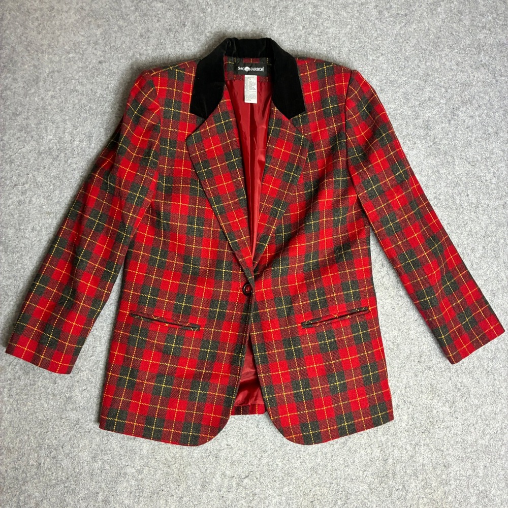 Sag Harbor Blazer Women 8 Red Excellent Tartan Plaid Velvet Collar Wool Blend